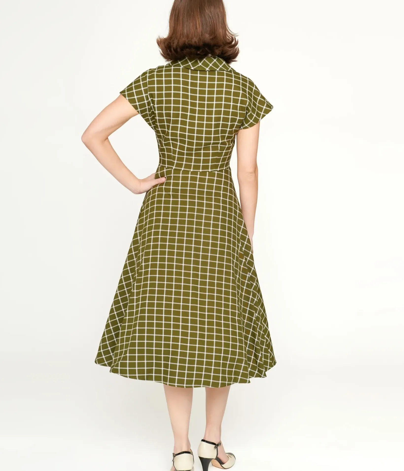 Unique Vintage Swing|Pocket Dresses>Collectif Green & White Checked Liza Acres Swing Dress