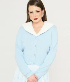 Unique Vintage Sweaters & Cardigans>Collectif Light Blue & Faux Fur Collar Cardigan