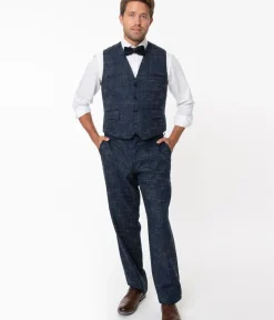 Unique Vintage Pants>Collectif Navy Blue Crosshatch Bobbie Trousers