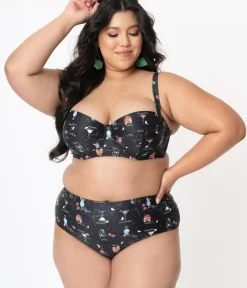 Unique Vintage Two Piece Swim|Swim Bottoms>Collectif Plus Size Black & Cocktail Menu Print Swim Bottom