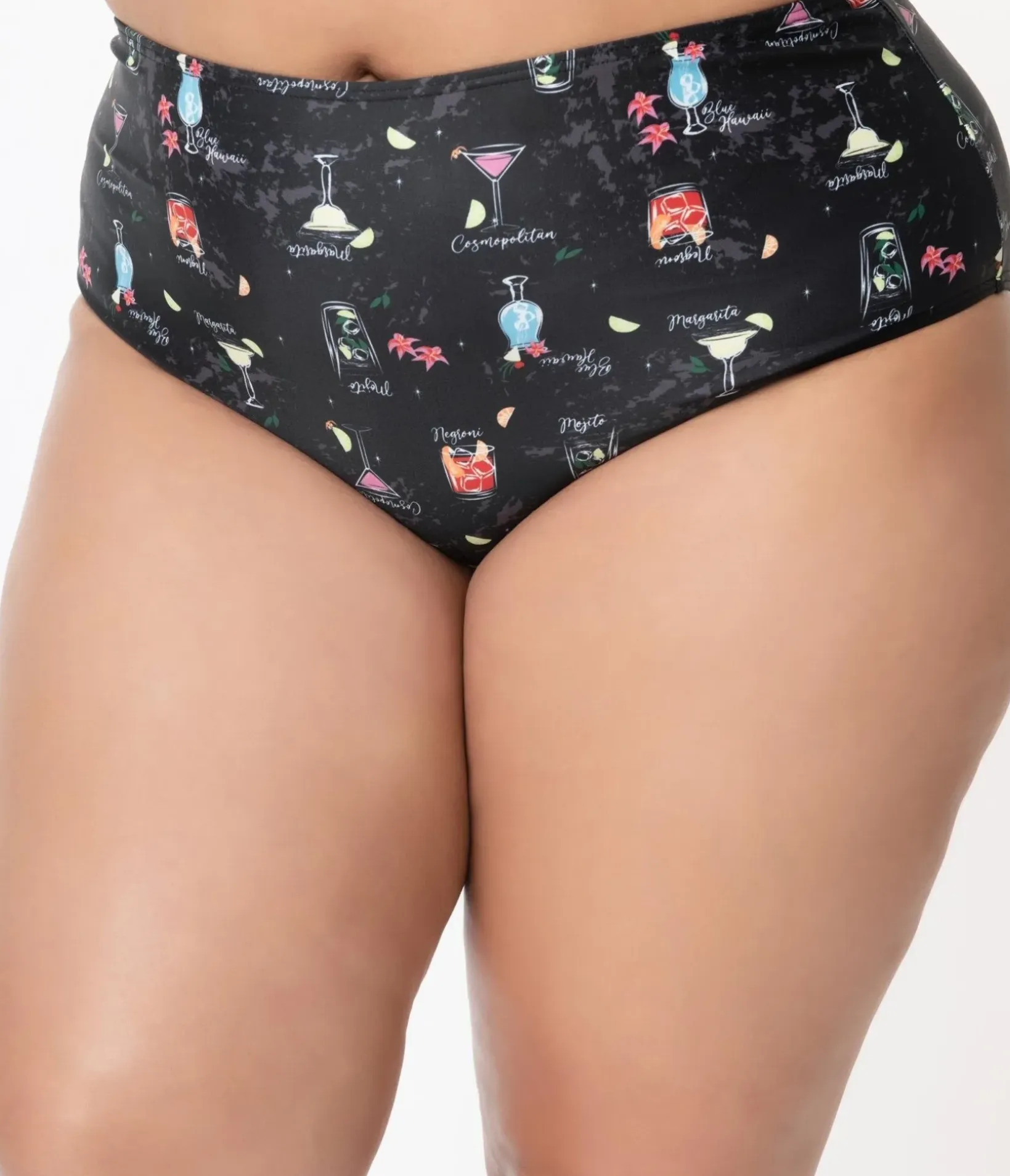 Unique Vintage Two Piece Swim|Swim Bottoms>Collectif Plus Size Black & Cocktail Menu Print Swim Bottom