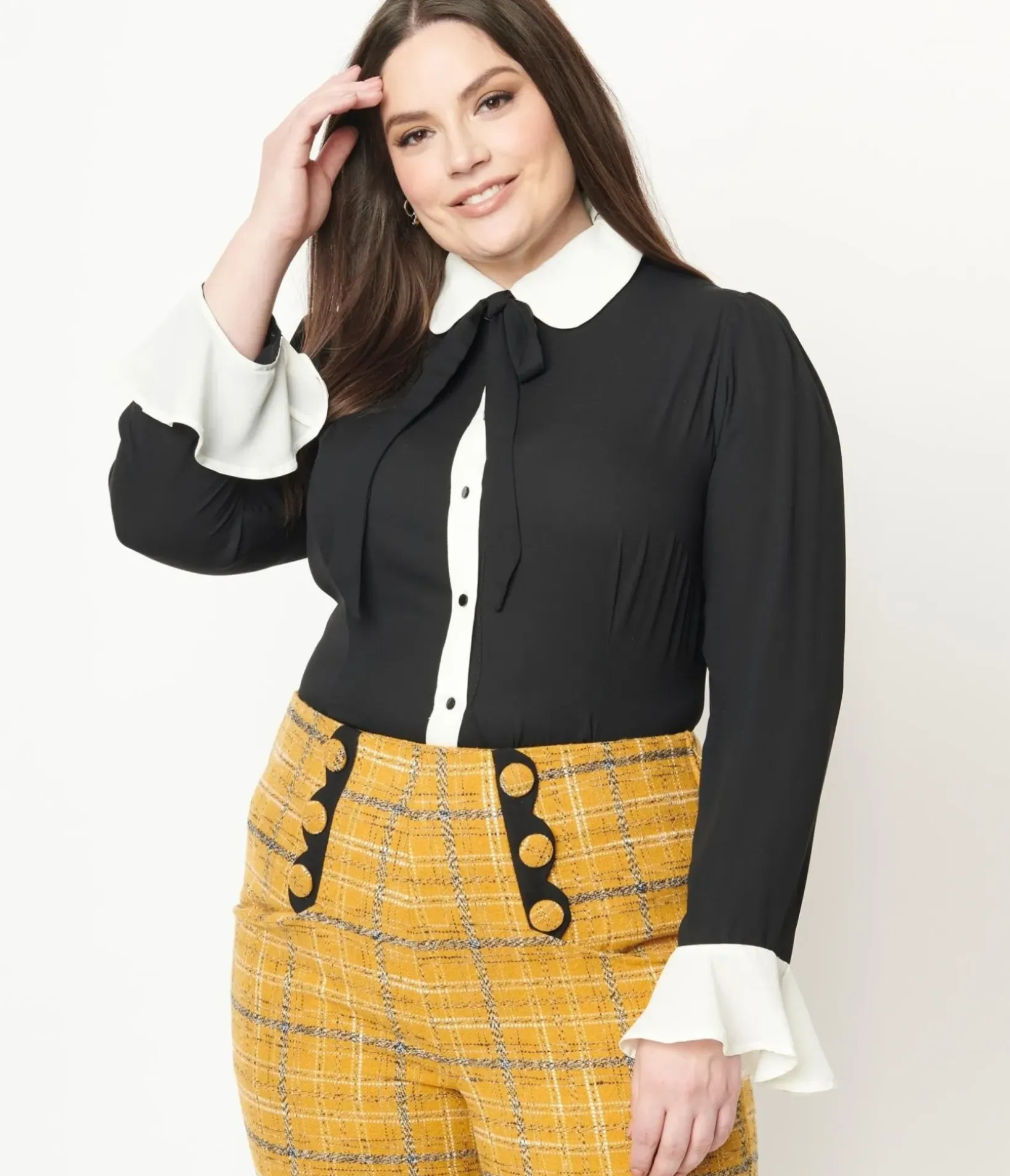 Unique Vintage All Things Black|Halloween>Collectif Plus Size Black & White Collar Prudence Blouse