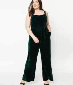 Unique Vintage Rompers & Jumpsuits|Rompers & Jumpsuits>Collectif Plus Size Emerald Velvet Joan Jumpsuit