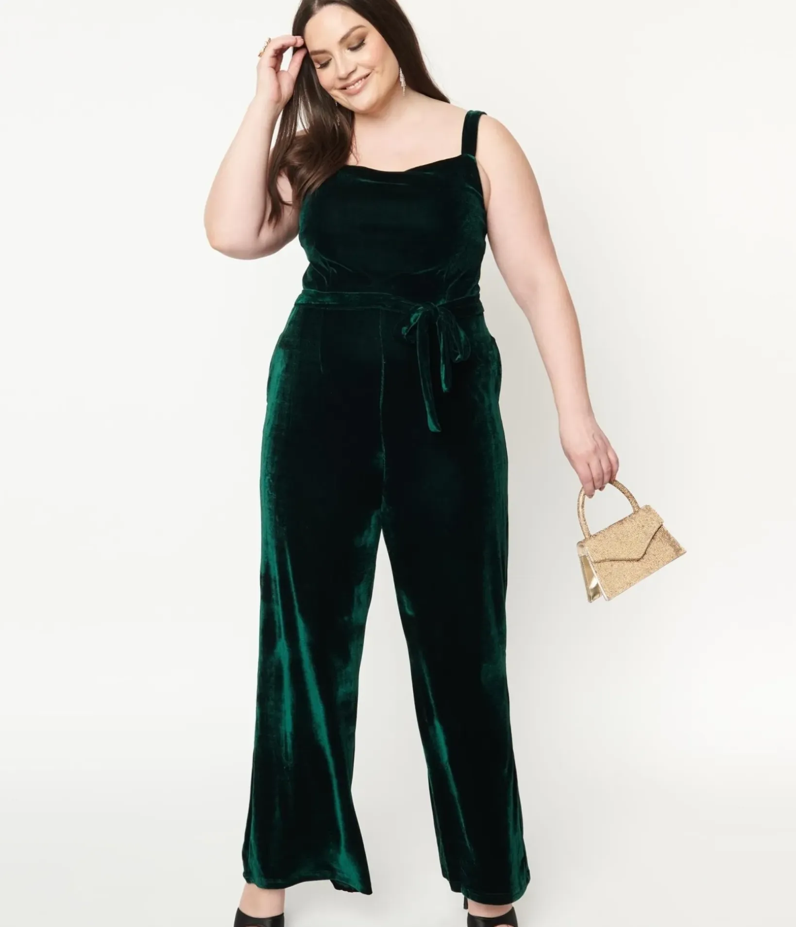 Unique Vintage Rompers & Jumpsuits|Rompers & Jumpsuits>Collectif Plus Size Emerald Velvet Joan Jumpsuit