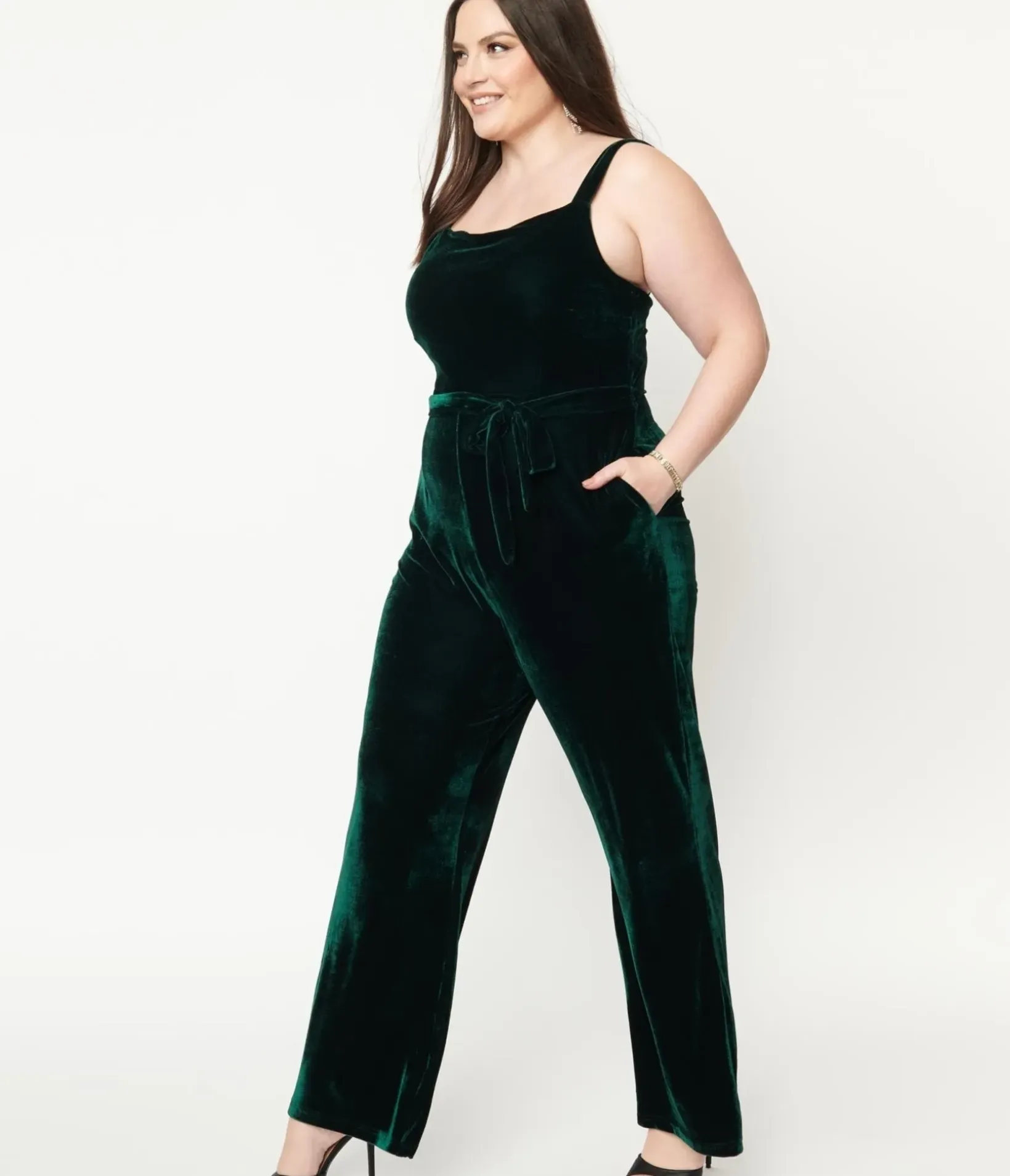 Unique Vintage Rompers & Jumpsuits|Rompers & Jumpsuits>Collectif Plus Size Emerald Velvet Joan Jumpsuit