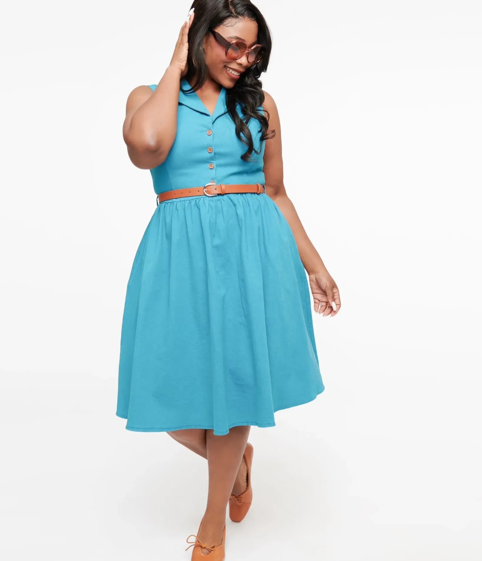 Unique Vintage Swing|Pocket Dresses>Collectif Plus Size 1950s Blue Denim Donda Swing Dress