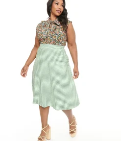 Unique Vintage Skirts|Skirts>Collectif Plus Size 1930s Green & White Gingham Hetty Swing Skirt