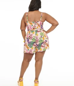 Unique Vintage Rompers & Jumpsuits|Rompers & Jumpsuits>Collectif Plus Size 1960s Pink Vibrant Tropics Print Sienna Waist Tied Romper