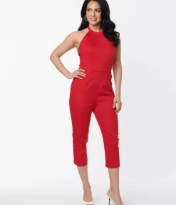 Unique Vintage Rompers & Jumpsuits|All Things Red>Collectif Red Gingham Skirted Midge Jumpsuit Set