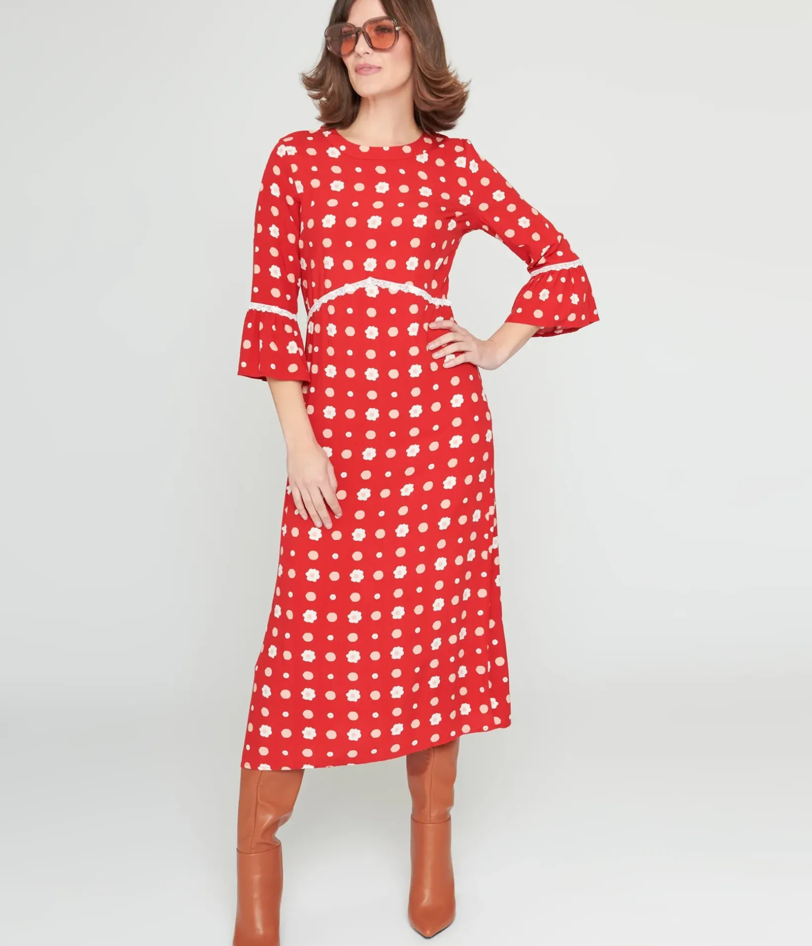 Unique Vintage Midi|Everyday Dresses>Collectif Red & White Poppy Print Midi Dress