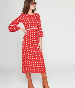 Unique Vintage Midi|Everyday Dresses>Collectif Red & White Poppy Print Midi Dress
