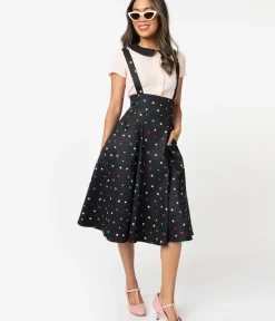Unique Vintage Skirts>Collectif 1950s Black & Multicolor Stars Alexa Suspender Swing Skirt