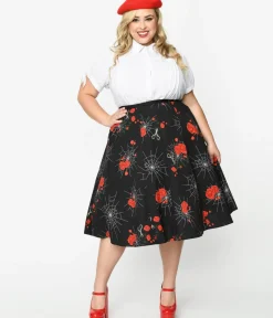 Unique Vintage Skirts|Halloween>Collectif 1940s Black Spinners Web & Roses Swing Skirt