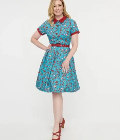 Unique Vintage Swing|Pocket Dresses>Collectif 1950s Blue & Red Cherry Pie Swing Dress