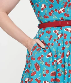 Unique Vintage Swing|Pocket Dresses>Collectif 1950s Blue & Red Cherry Pie Swing Dress