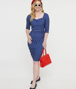 Unique Vintage Pencil|Pocket Dresses>Collectif 1950s Blue & White Polka Dot Patty Wiggle Dress