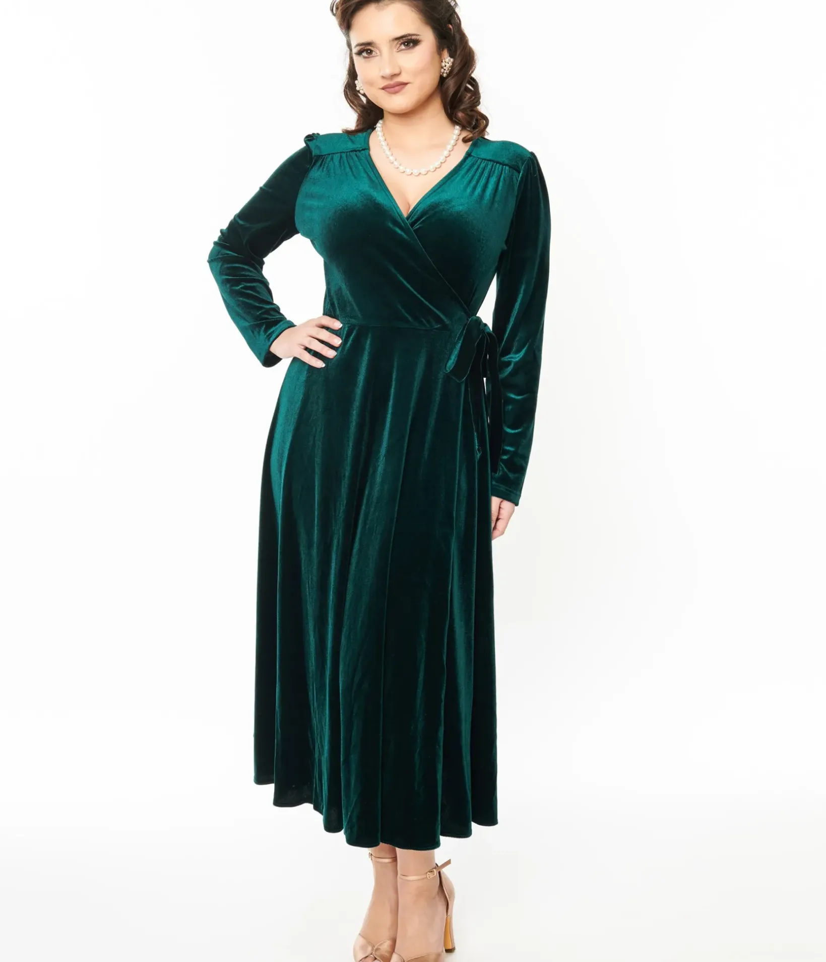 Unique Vintage Midi|Wrap Dresses>Collectif 1940s Green Velvet Kendra Wrap Dress