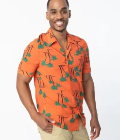 Unique Vintage Blouses>Collectif 1940s Orange & Palm Beach Print Oscar Mens Shirt