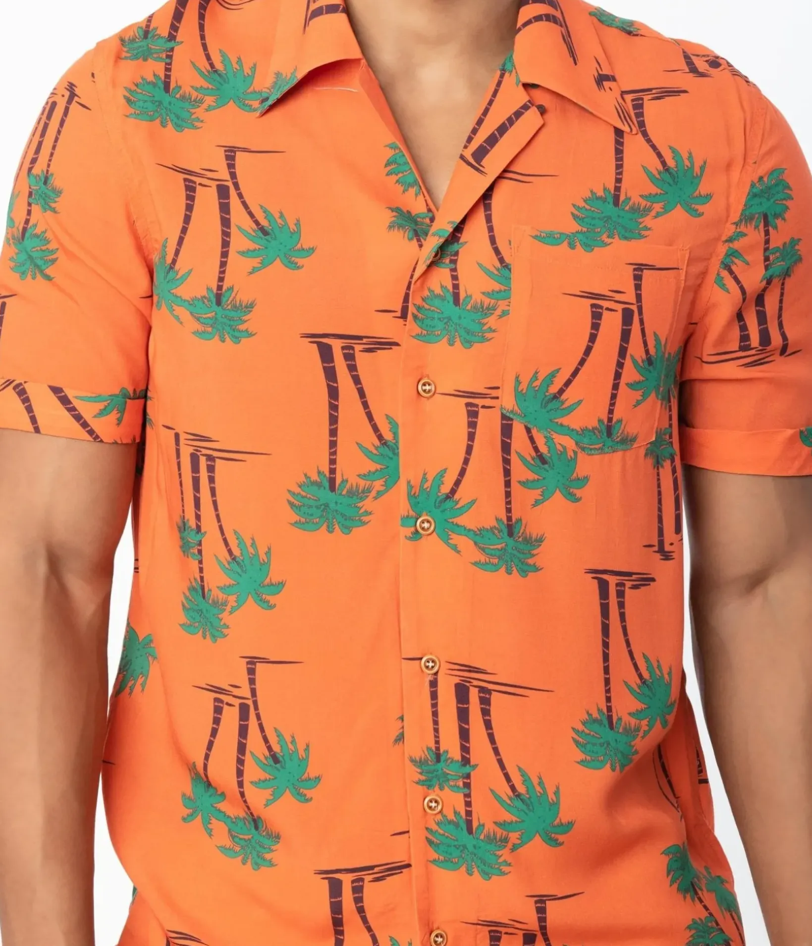 Unique Vintage Blouses>Collectif 1940s Orange & Palm Beach Print Oscar Mens Shirt