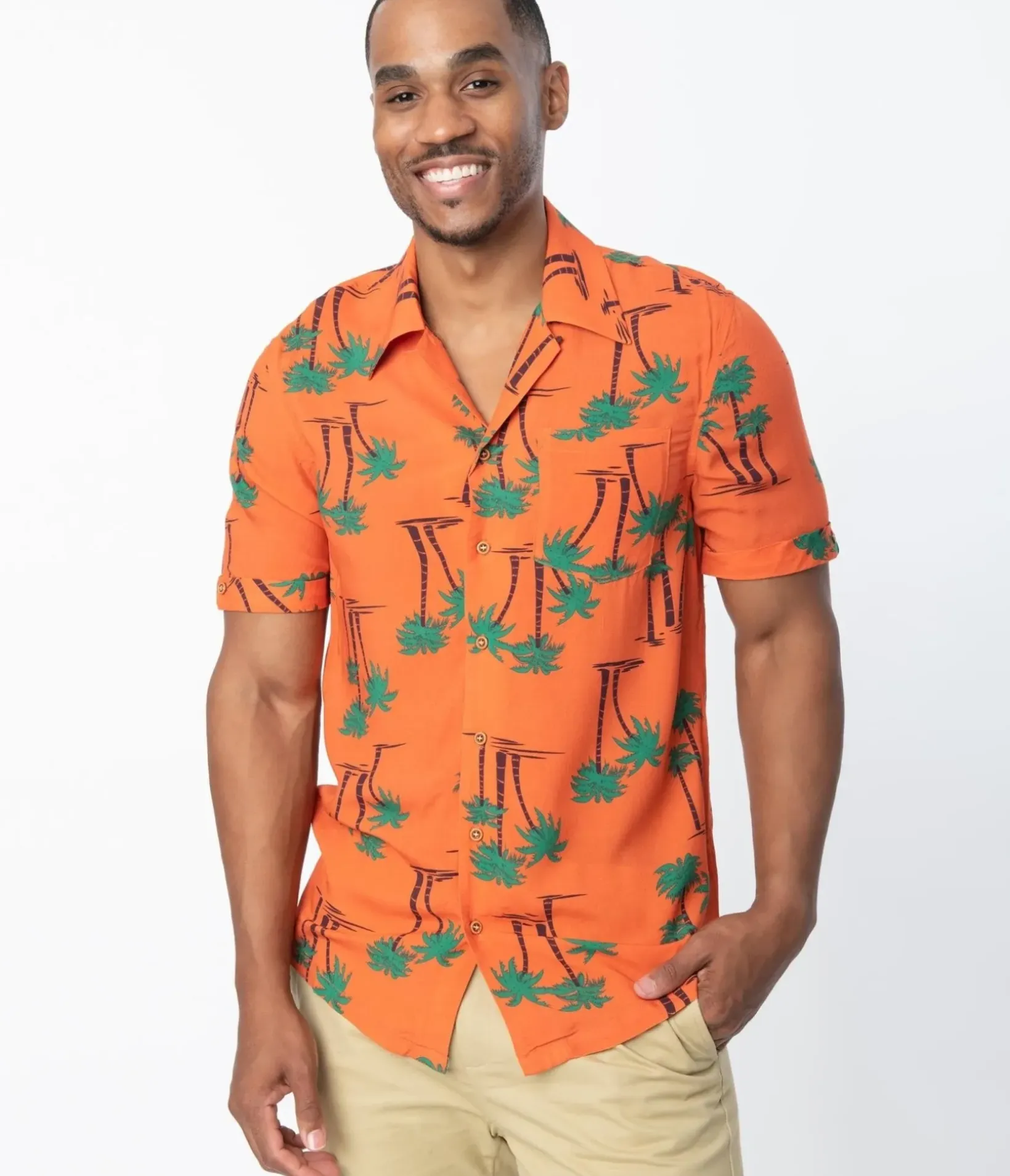 Unique Vintage Blouses>Collectif 1940s Orange & Palm Beach Print Oscar Mens Shirt