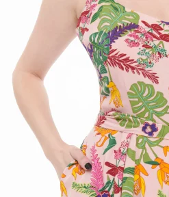 Unique Vintage Rompers & Jumpsuits|All Things Pink>Collectif 1960s Pink Vibrant Tropics Print Sienna Waist Tied Romper