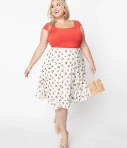 Unique Vintage Skirts|Skirts>Collectif White & Red Cherry Mattie Broderie Swing Skirt
