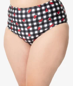 Unique Vintage Swim Bottoms|Two Piece Swim>Collectif x Playful Promises Black & White Gingham Watermelon Print Swim Bottoms