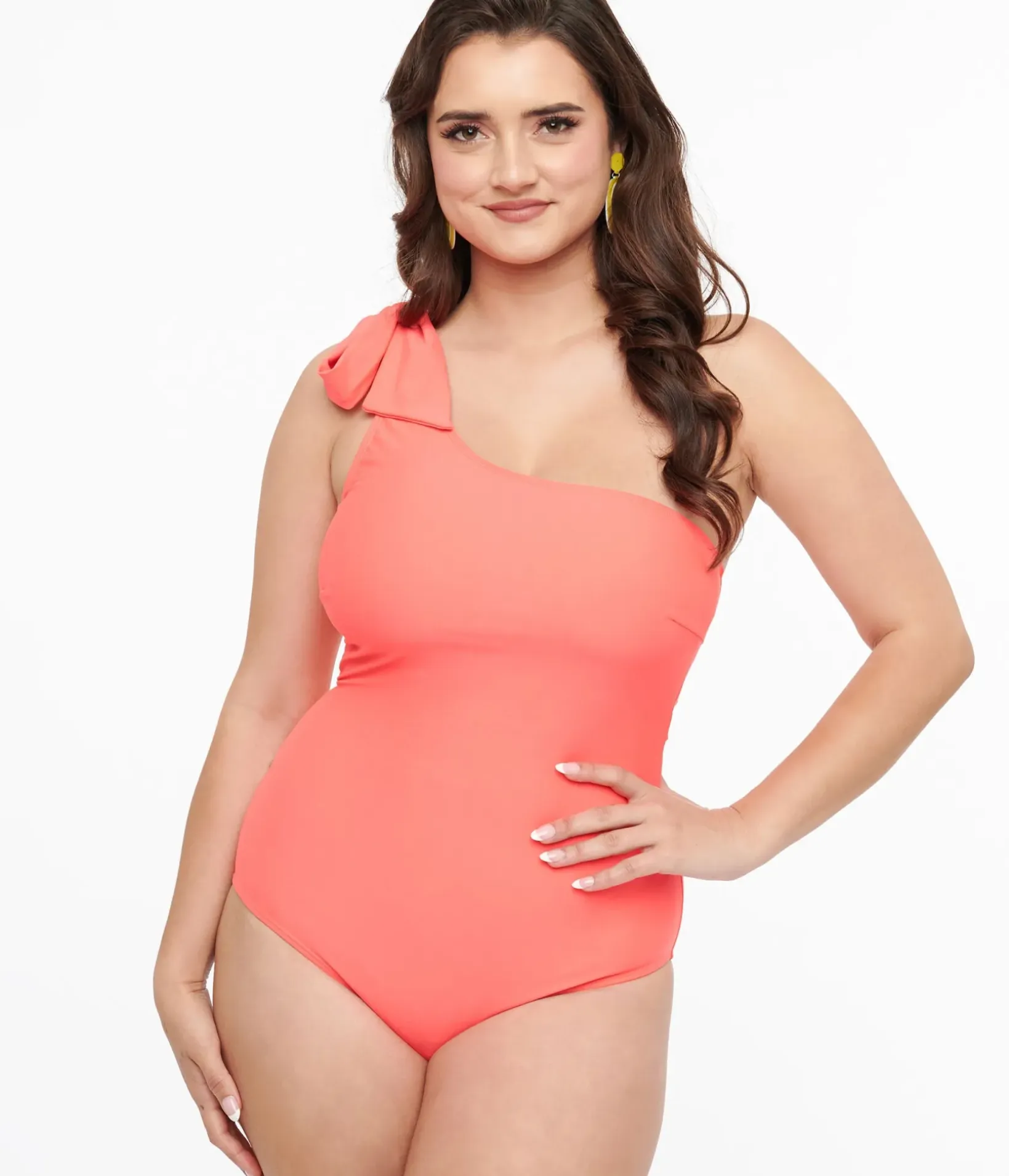 Unique Vintage One Piece Swim>Coral One Shoulder One Piece Swimsuit