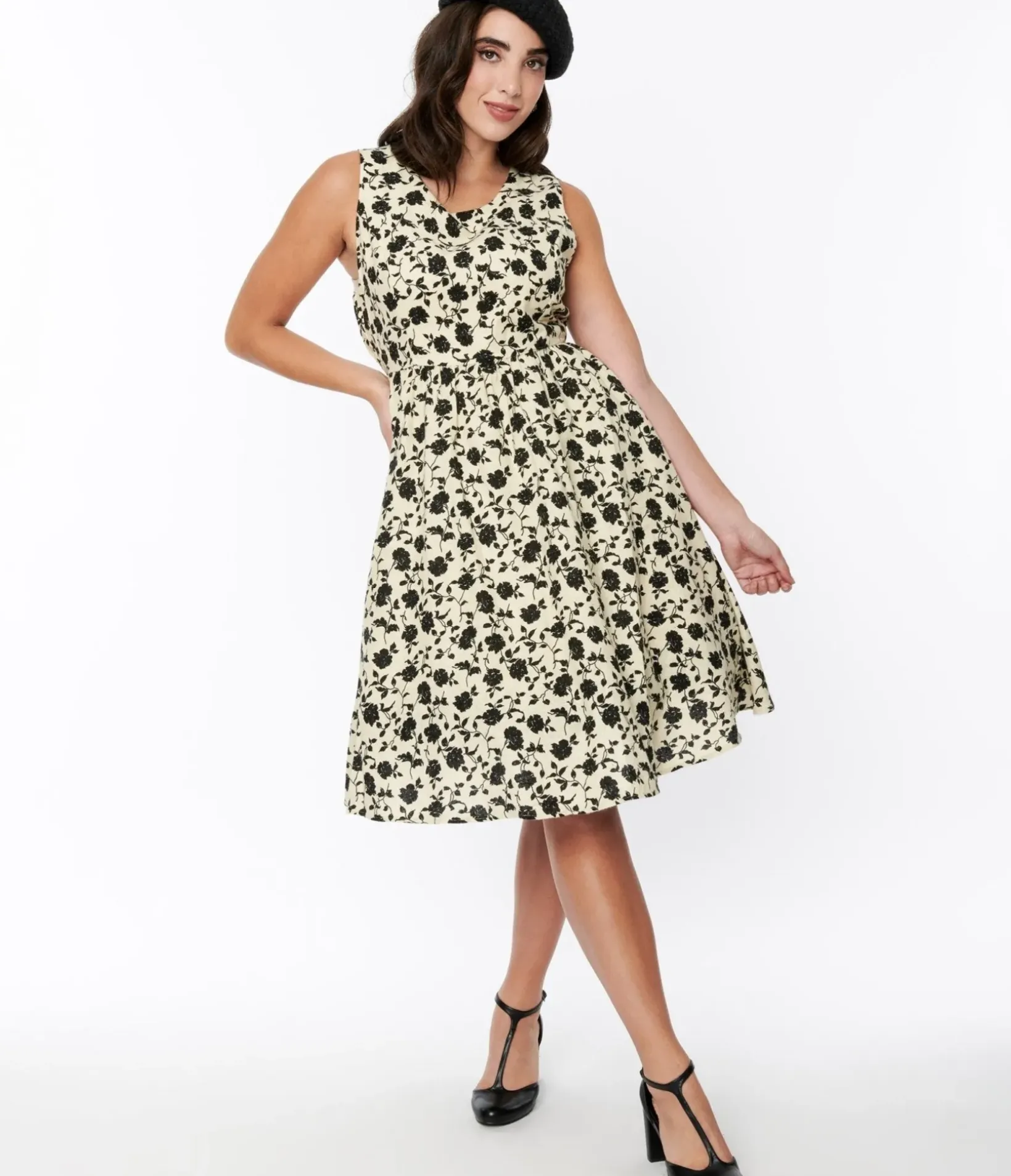 Unique Vintage Swing|Pocket Dresses>Cream & Black Floral Swing Dress