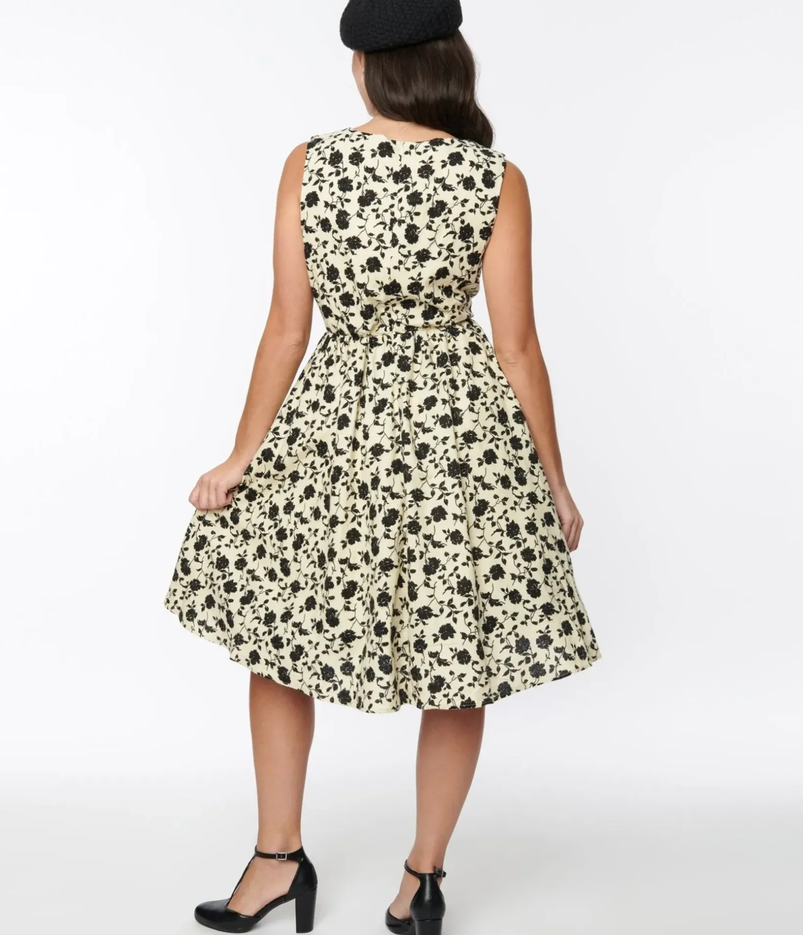 Unique Vintage Swing|Pocket Dresses>Cream & Black Floral Swing Dress