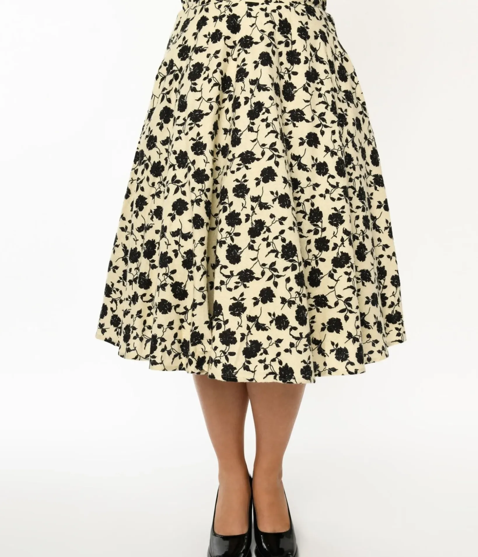 Unique Vintage Skirts>Cream & Black Floral Swing Skirt