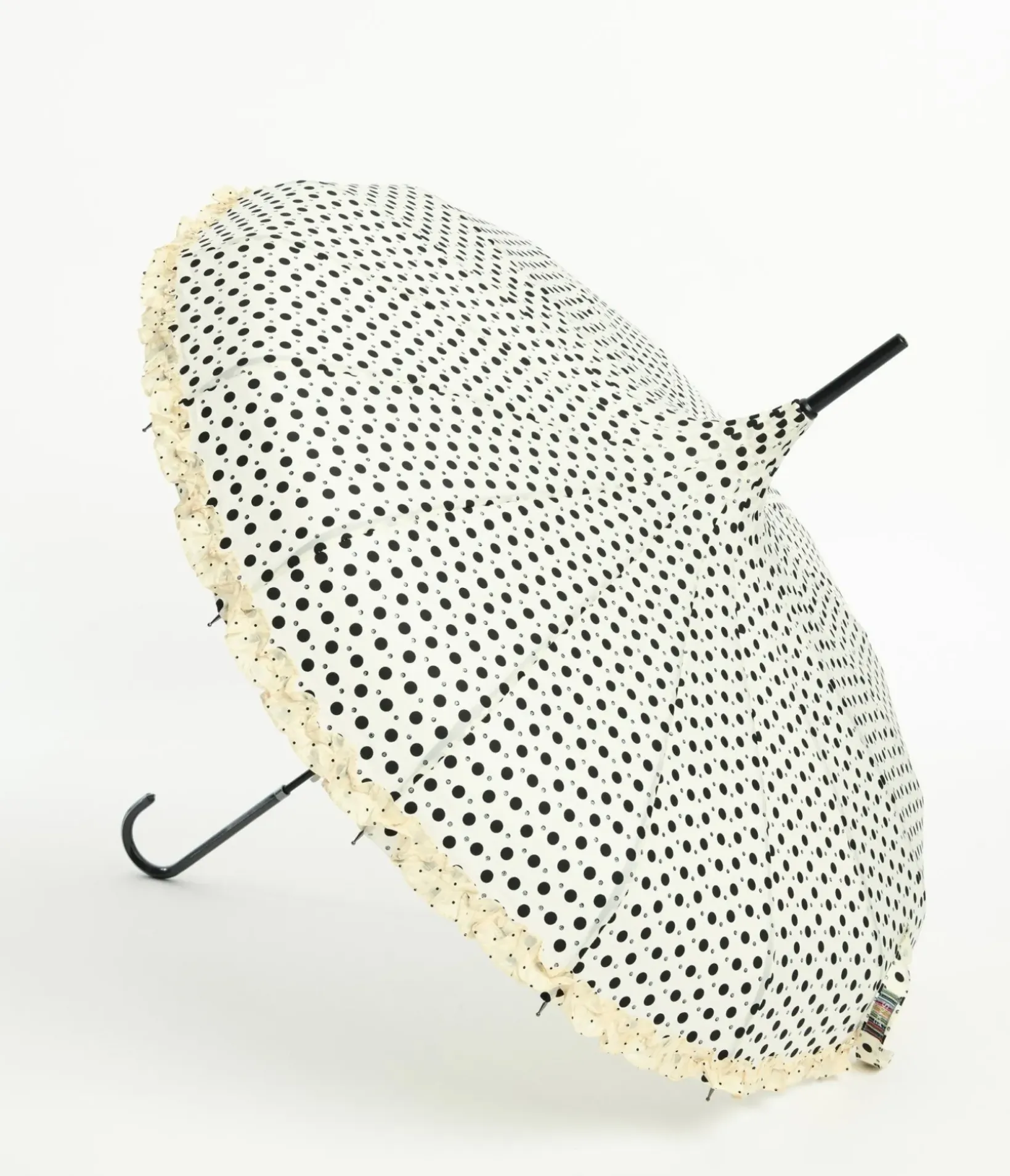 Unique Vintage Umbrellas>Cream & Black Sparkle Dot Frilled Pagoda Umbrella