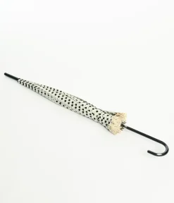 Unique Vintage Umbrellas>Cream & Black Sparkle Dot Frilled Pagoda Umbrella