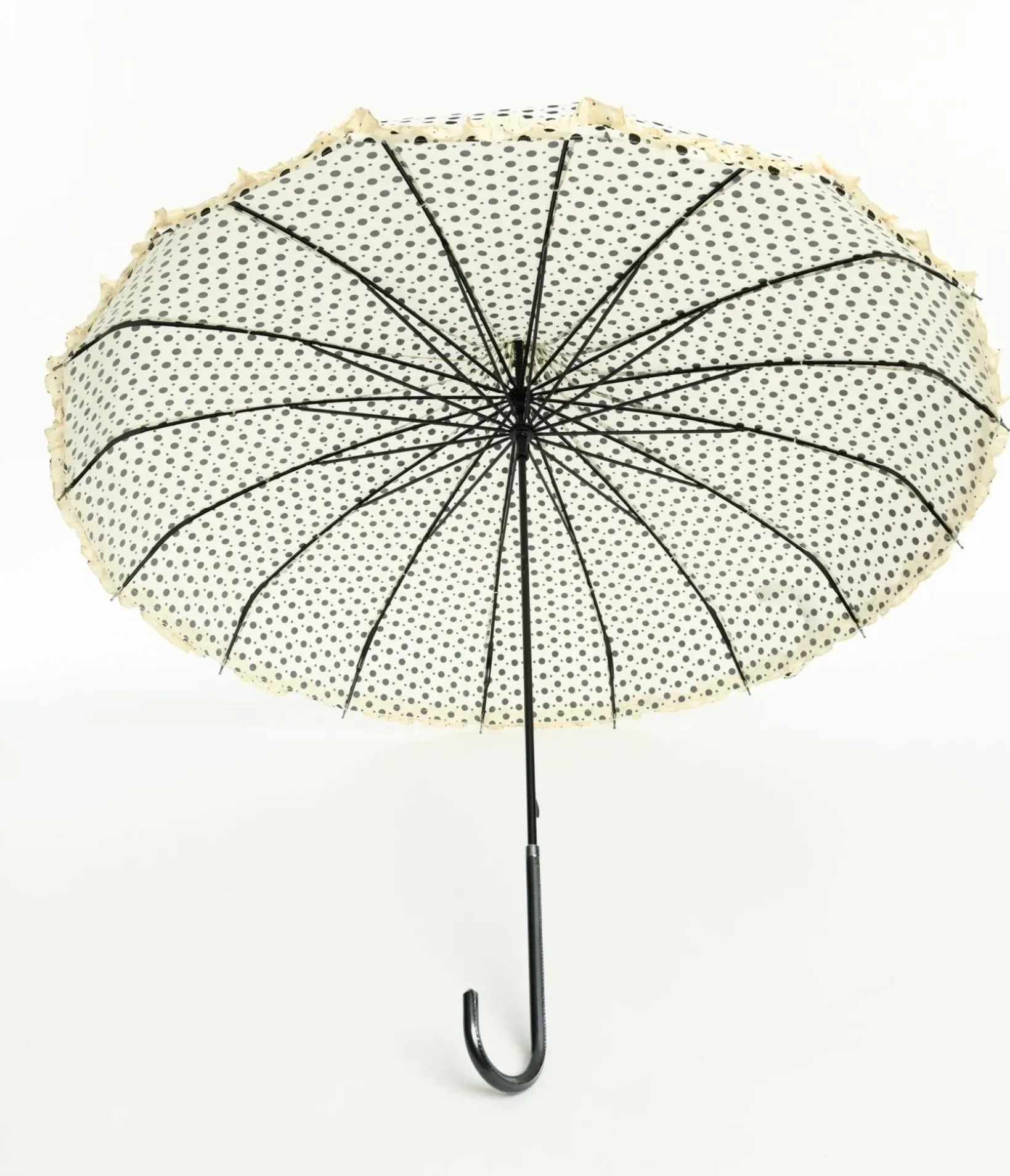 Unique Vintage Umbrellas>Cream & Black Sparkle Dot Frilled Pagoda Umbrella