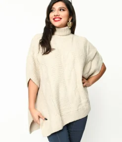 Unique Vintage Sweaters & Cardigans|Work Wear>Cream Cable Knit Turtle Neck Sweater