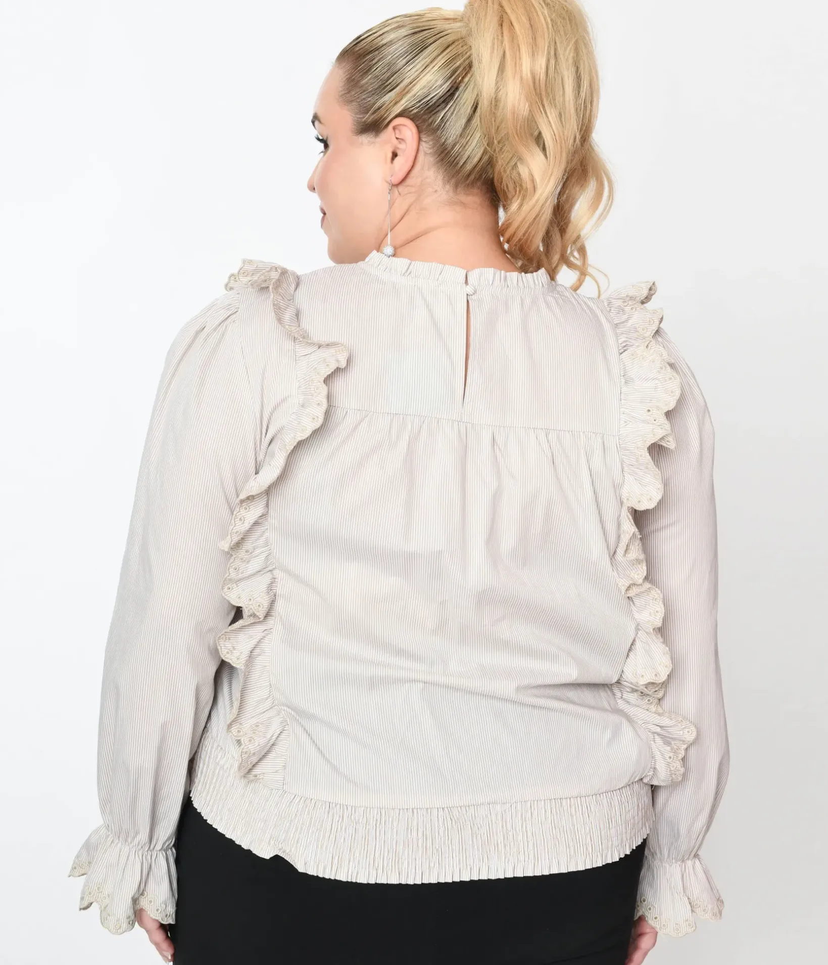 Unique Vintage Work Wear>Cream Striped Scallop Ruffle Blouse
