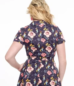 Unique Vintage Blouses|Halloween>Dark Blue Carnivorous Plants Print Collared Top