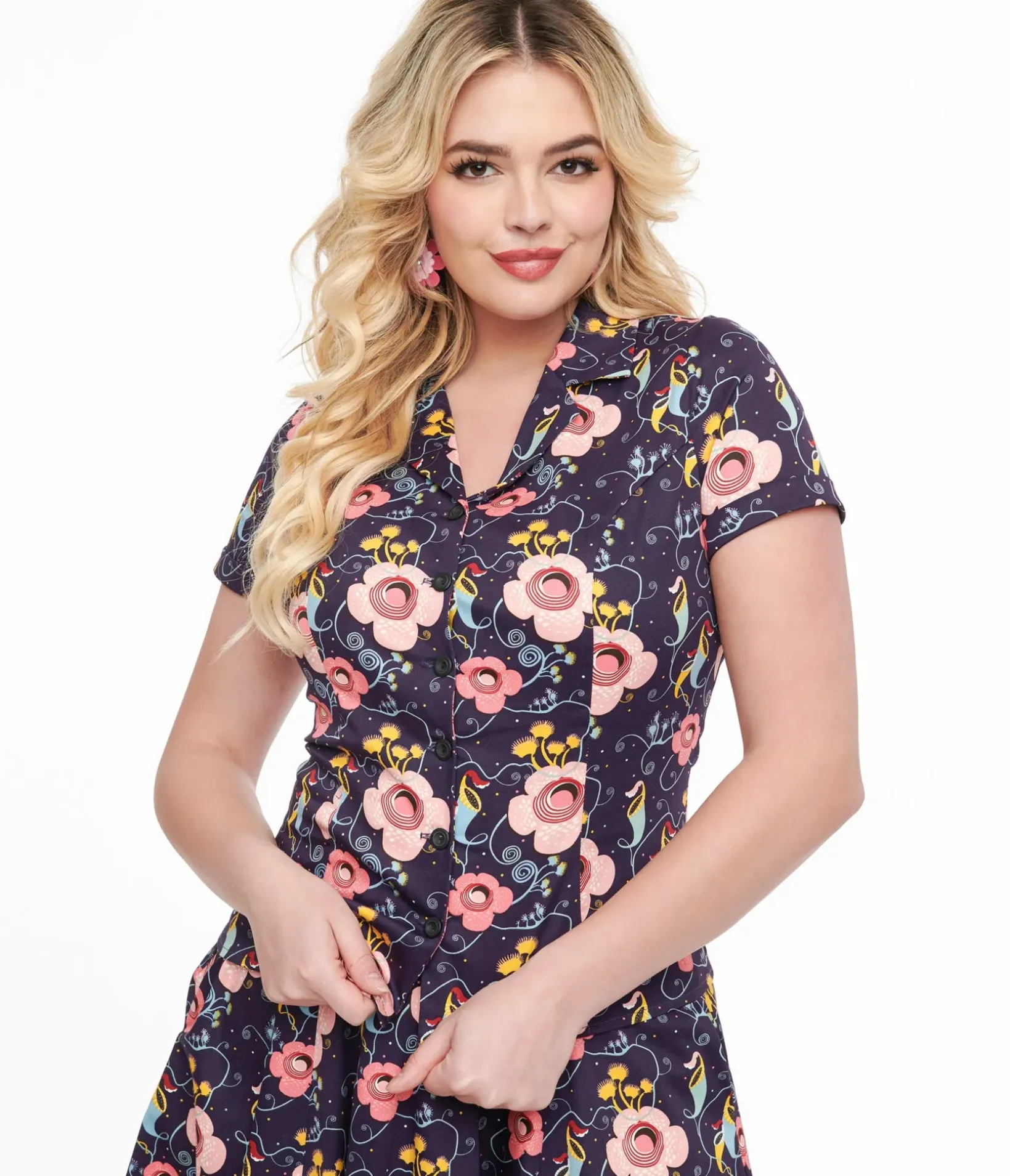 Unique Vintage Blouses|Halloween>Dark Blue Carnivorous Plants Print Collared Top