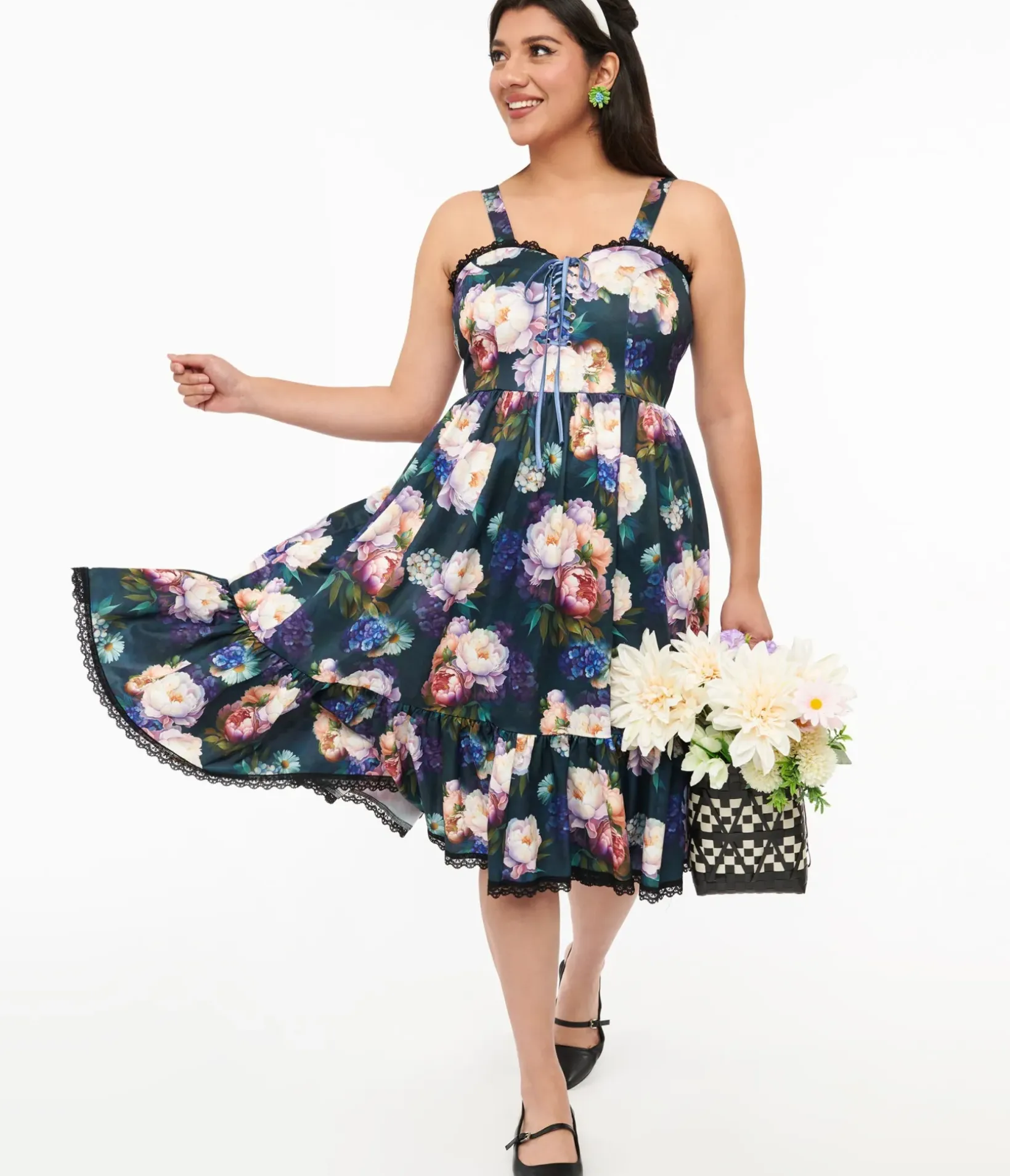 Unique Vintage Swing|Pocket Dresses>Dark Green Floral Heidi Swing Dress