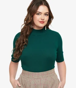 Unique Vintage Work Wear>Dark Green Mock Neck Knit Top