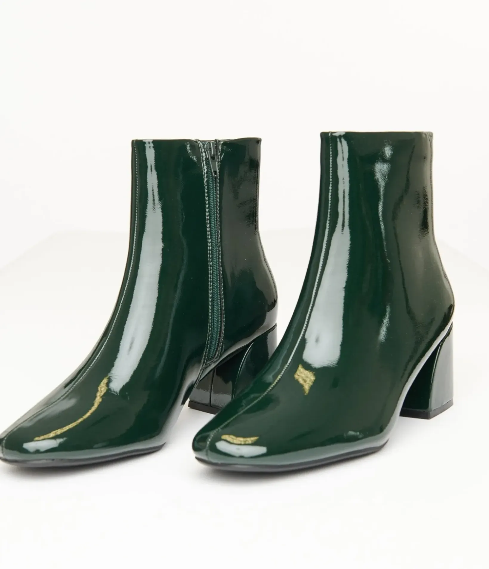 Unique Vintage Boots>Dark Green Patent Leatherette Booties