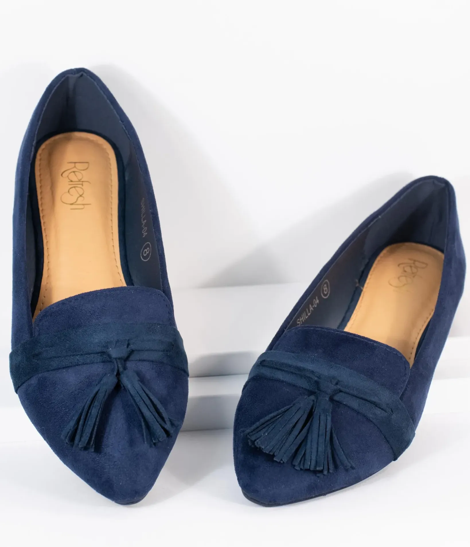 Unique Vintage Flats>Dark Navy Blue Suede Tassel Loafer