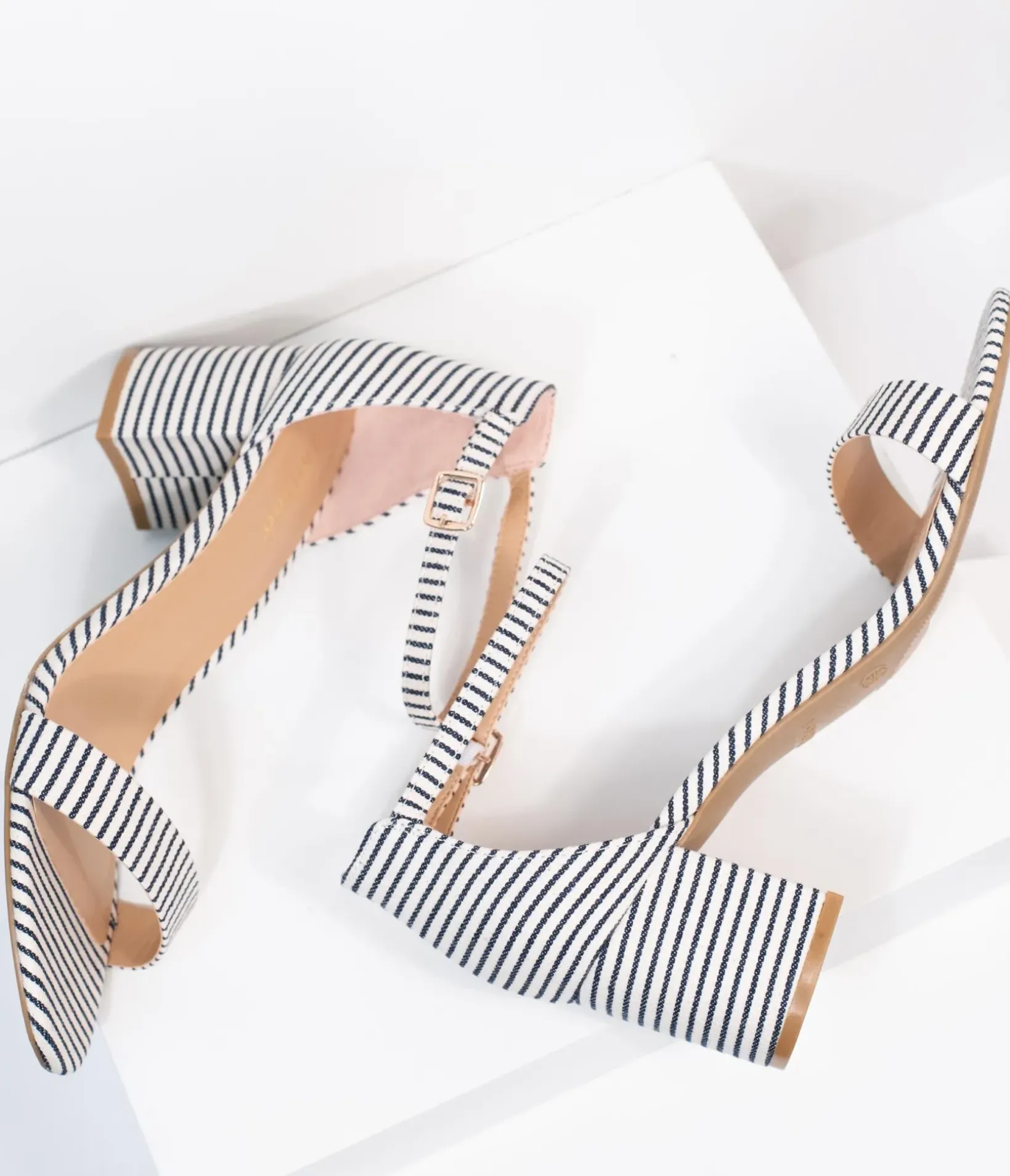 Unique Vintage Heels|Sandals>Dark Navy & White Stripe Textile Heel Sandals