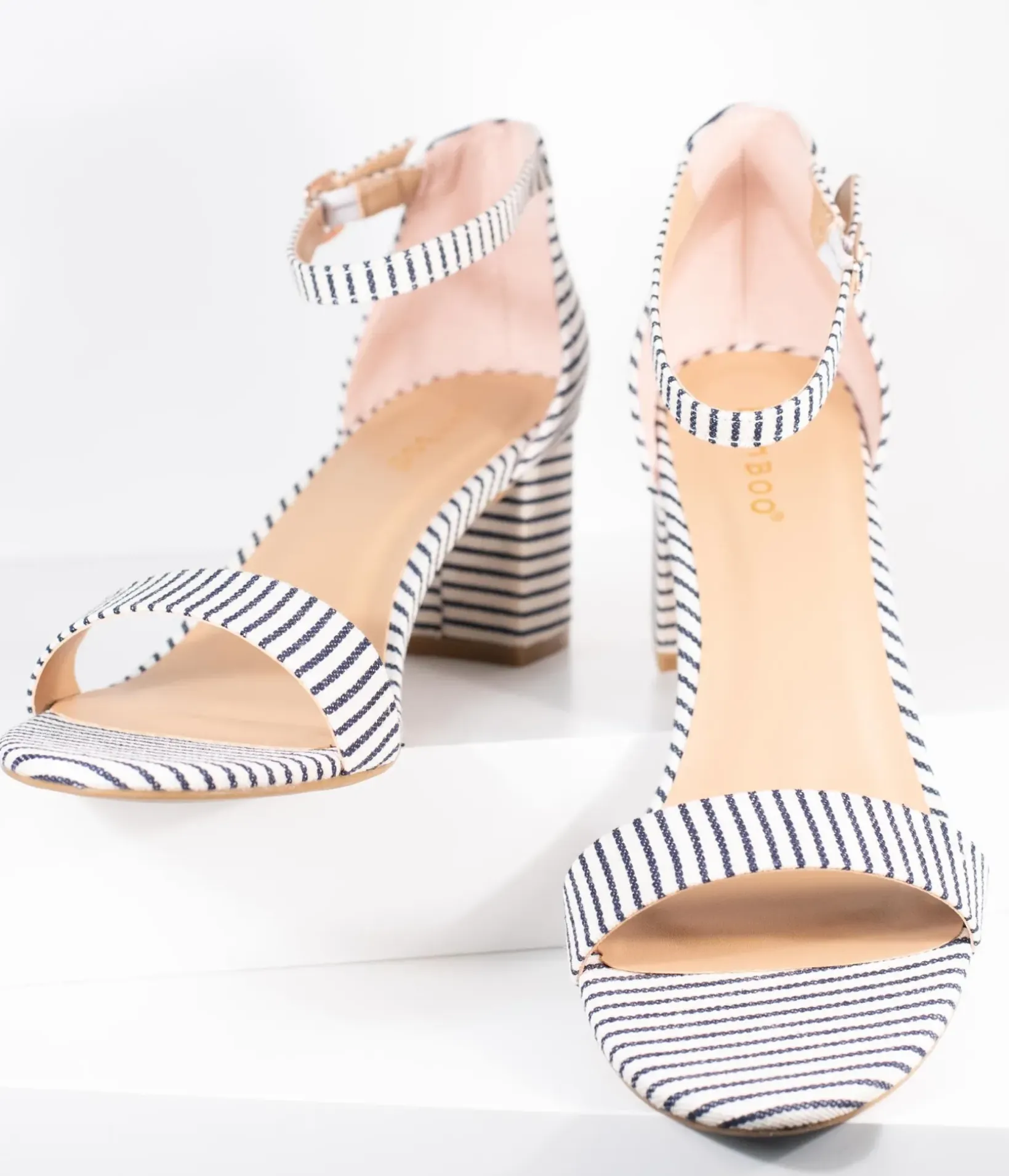 Unique Vintage Heels|Sandals>Dark Navy & White Stripe Textile Heel Sandals