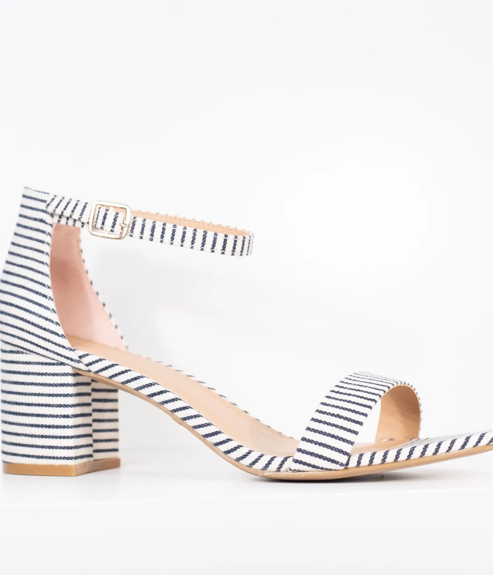 Unique Vintage Heels|Sandals>Dark Navy & White Stripe Textile Heel Sandals