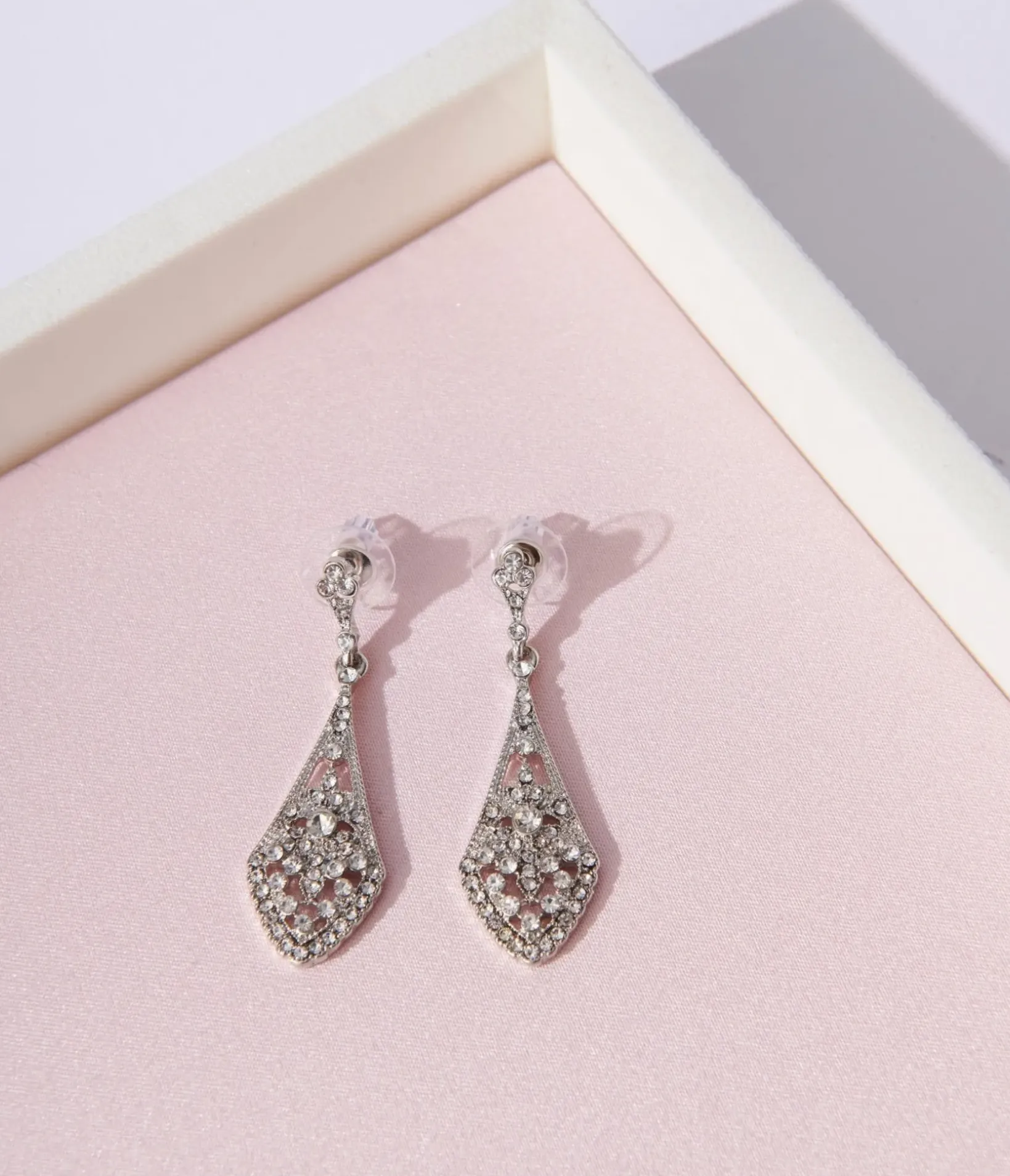 Unique Vintage Special Occasion|Prom Accessories>Deco Silver Rhinestone Chandelier Drop Earrings