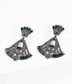 Unique Vintage Special Occasion|Prom Accessories>Deco Style Black Rhinestone Drop Fan Earrings