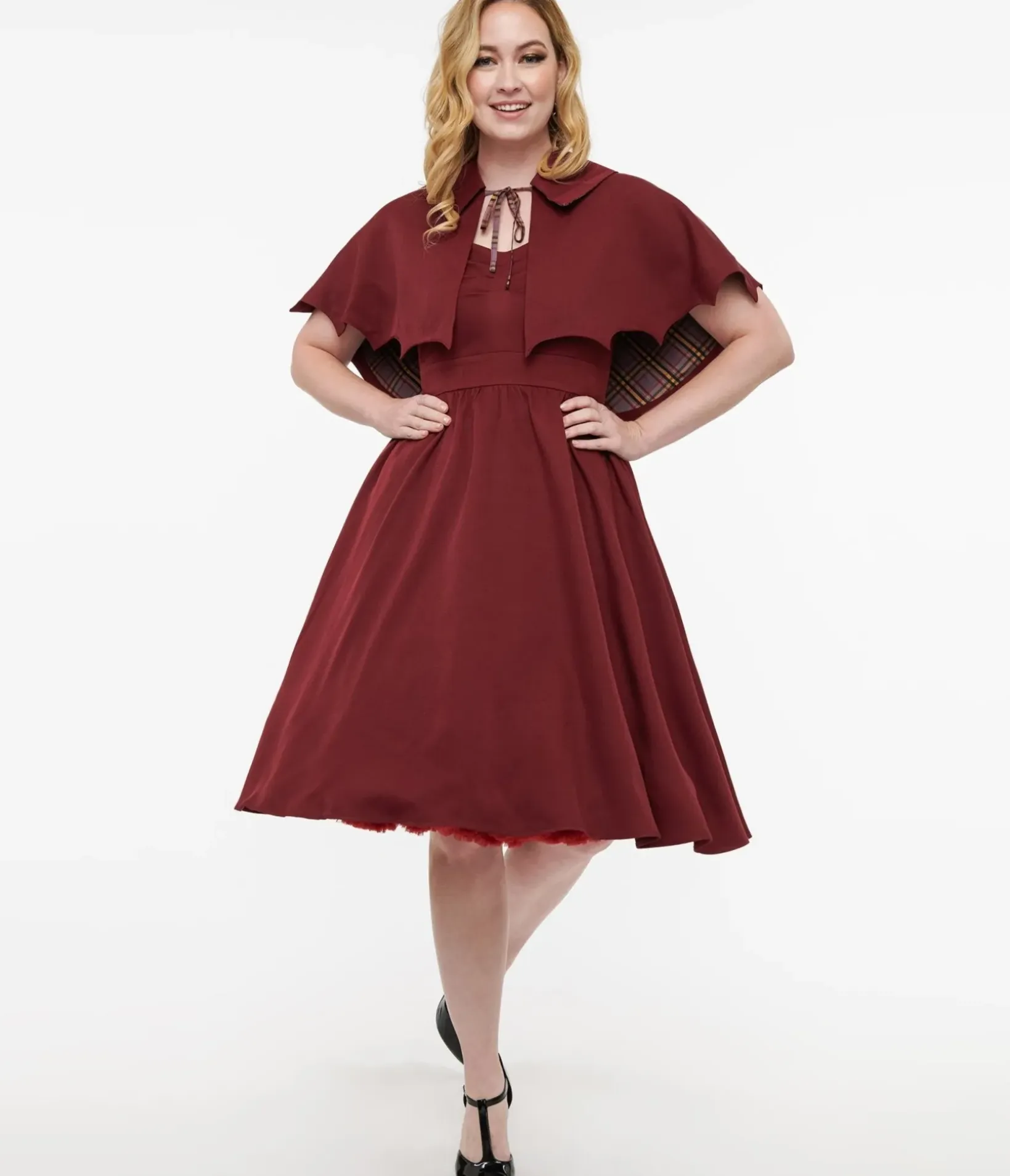 Unique Vintage Swing|Everyday Dresses>Disney Hocus Pocus Collection by Burgundy & Grey Plaid Hocus Pocus Capelet Swing Dress