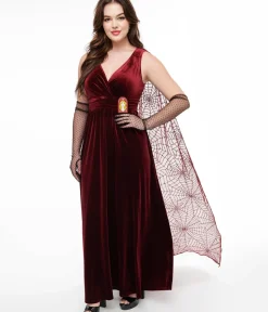 Unique Vintage Maxi|Everyday Dresses>Disney Hocus Pocus Collection by Burgundy Velvet & Spiderweb Sequin Cape Gown