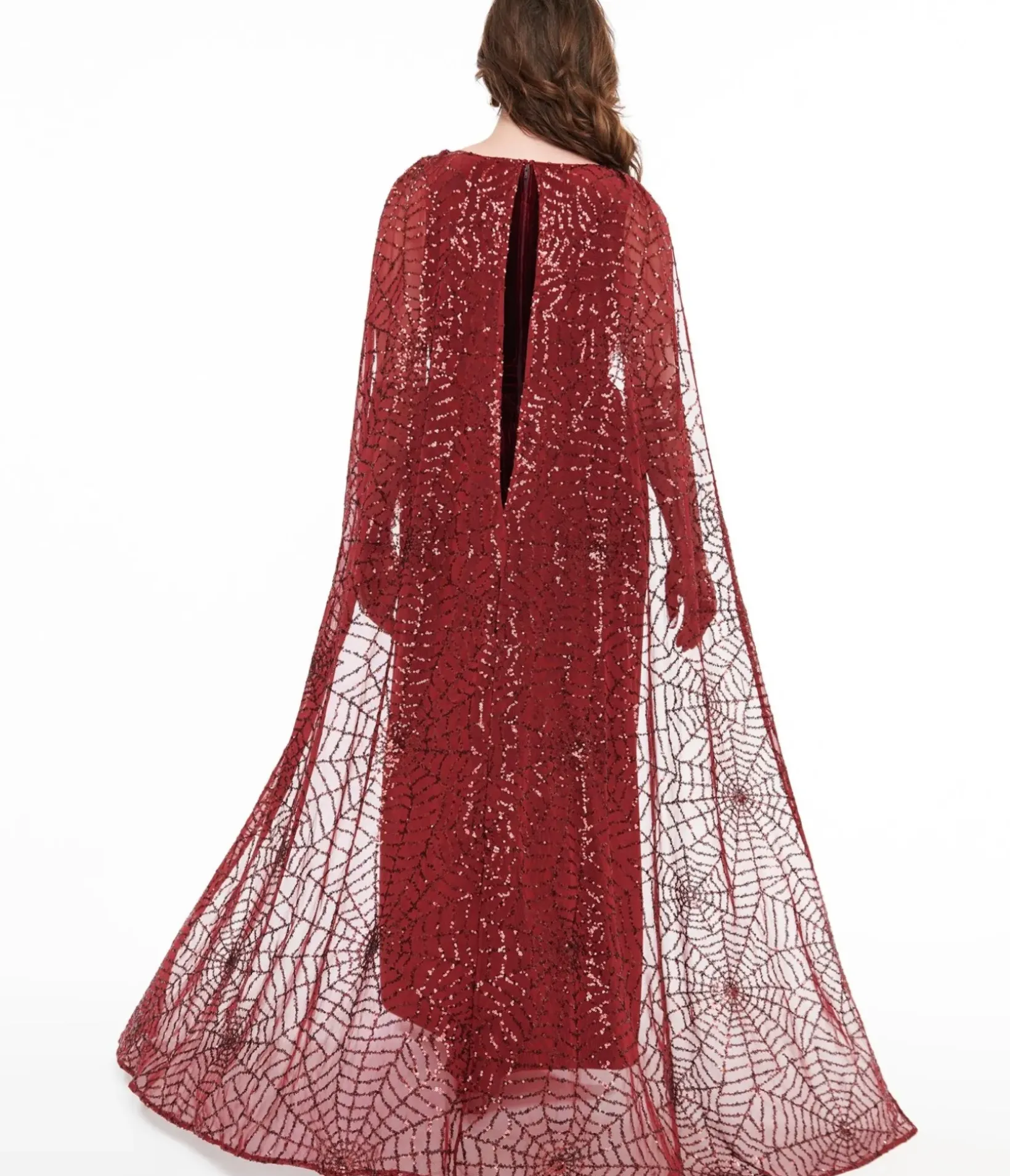 Unique Vintage Maxi|Everyday Dresses>Disney Hocus Pocus Collection by Burgundy Velvet & Spiderweb Sequin Cape Gown